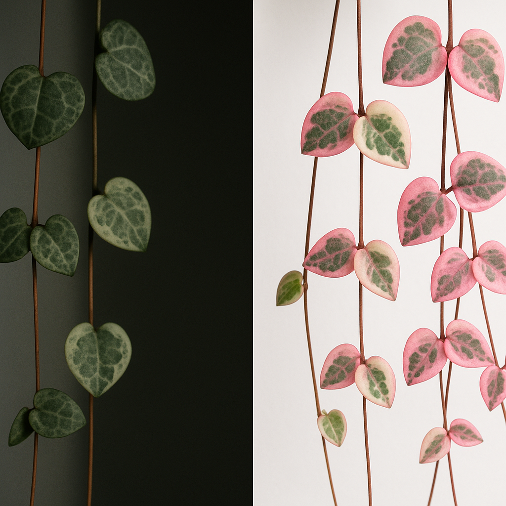 Same variegated string of hearts plant in low light versus bright indirect light showing variegation difference