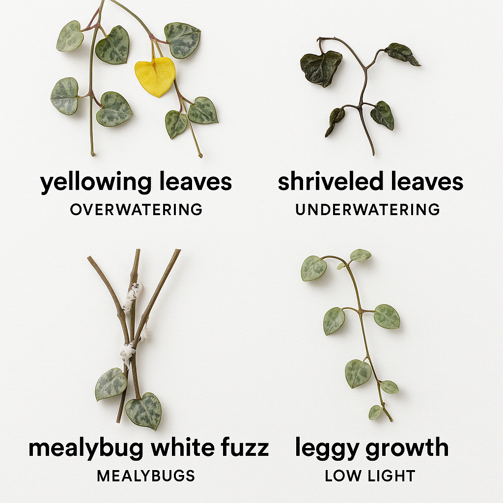 Common variegated string of hearts problems: root rot, yellowing leaves, mealybugs, and leggy growth