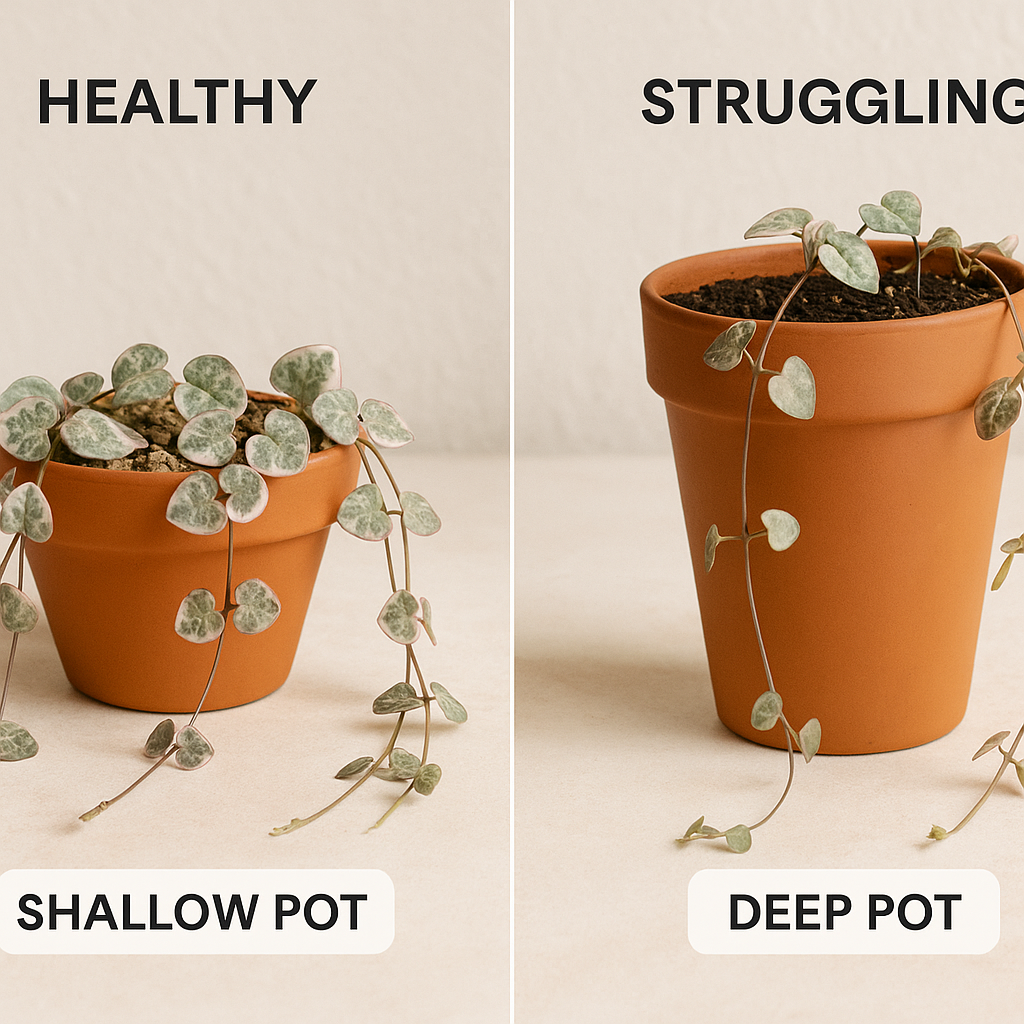 Variegated string of hearts planted in a shallow terracotta pot versus a deep pot to show root system difference