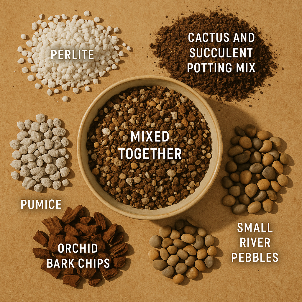 Gritty soil mix ingredients for variegated string of hearts: perlite, cactus soil, pumice, orchid bark in a bowl