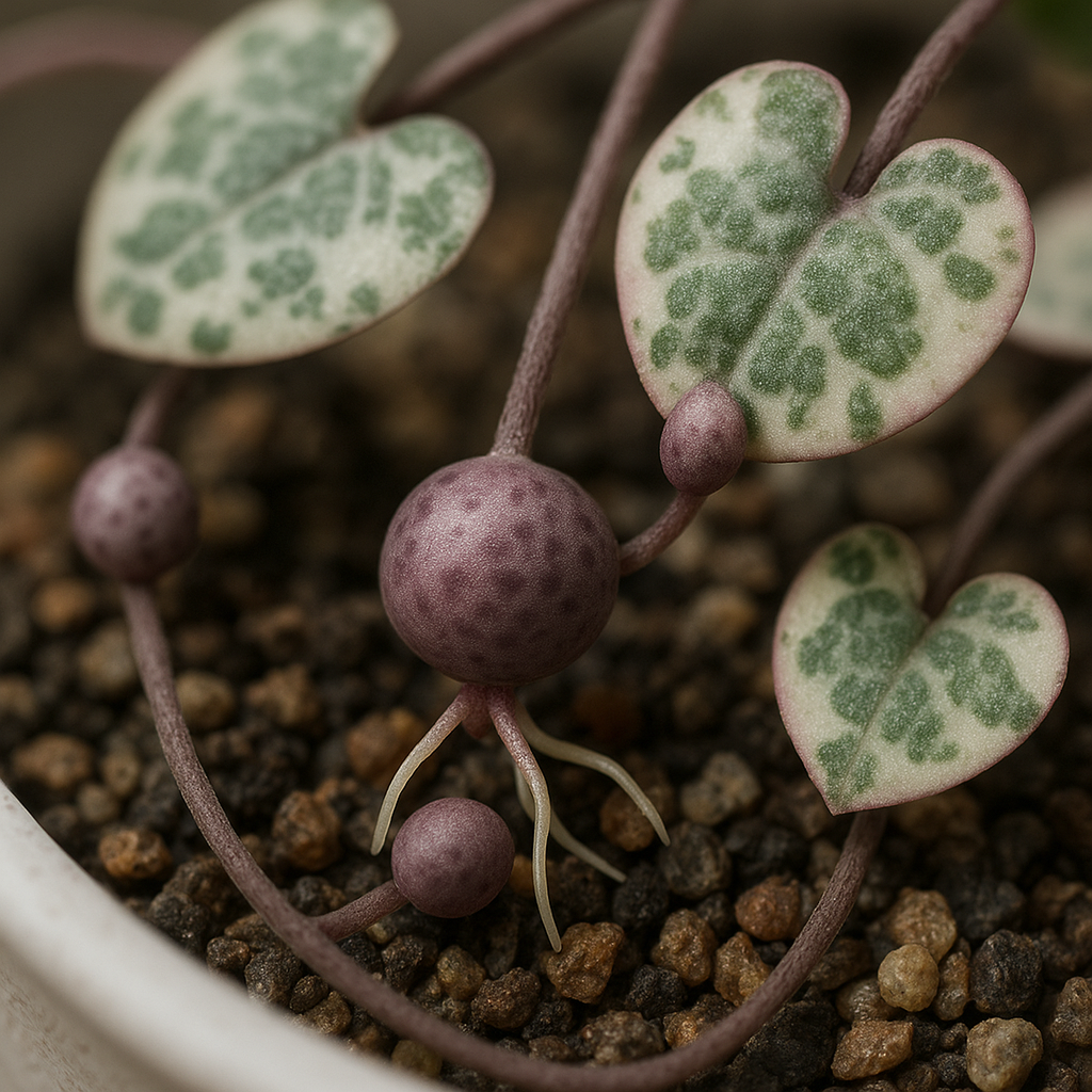 Step-by-step tuber propagation of variegated string of hearts showing aerial tubers on the vine and rooted cuttings