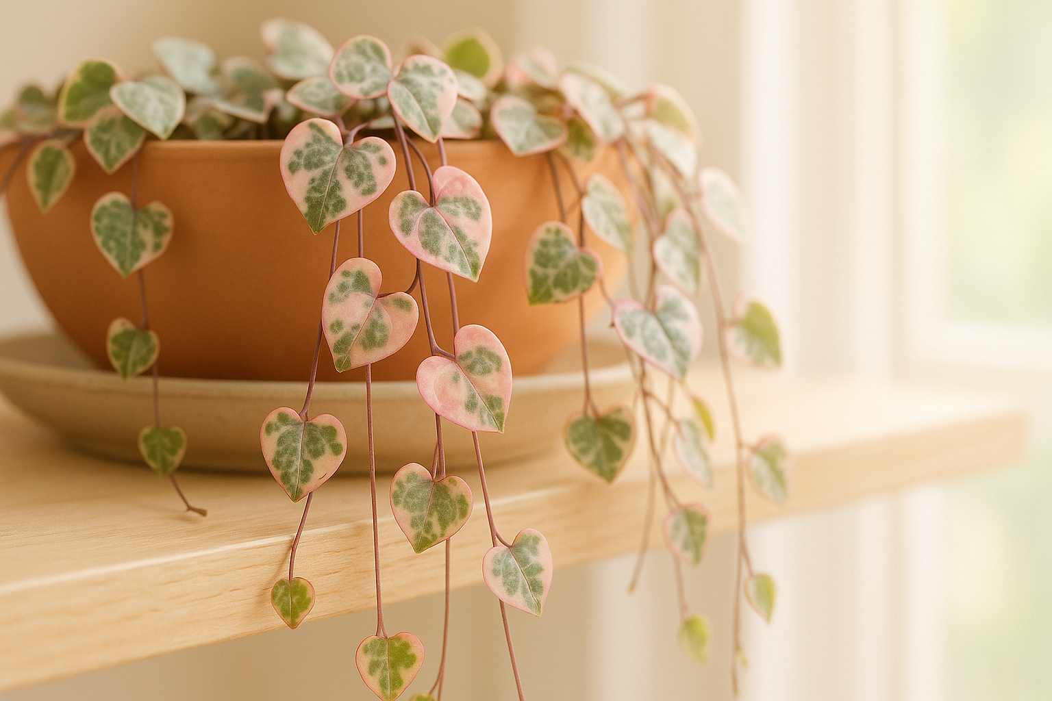 Cascading variegated string of hearts vines with pink-edged heart-shaped leaves in bright indirect light