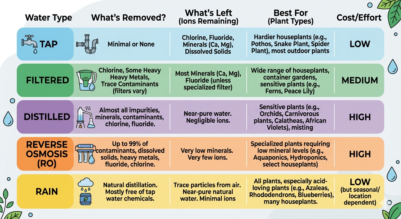Clean comparison chart showing five water types: Tap, Filtered, Distilled, Reverse Osmosis, and Rain — with columns for what's removed, what's left, best for, and effort level