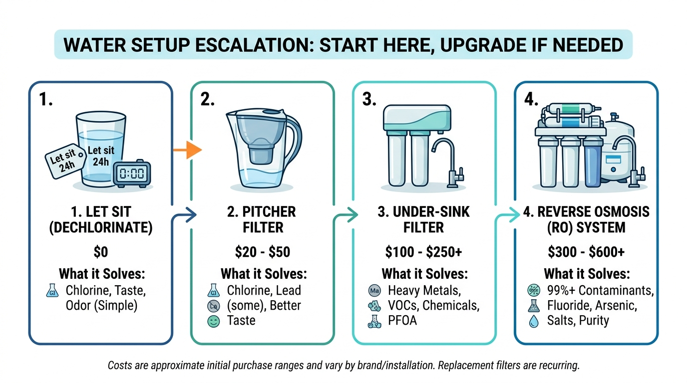 Four-tier visual showing water setup options from free (let tap water sit) to premium (RO system), with icons for each setup and effort level