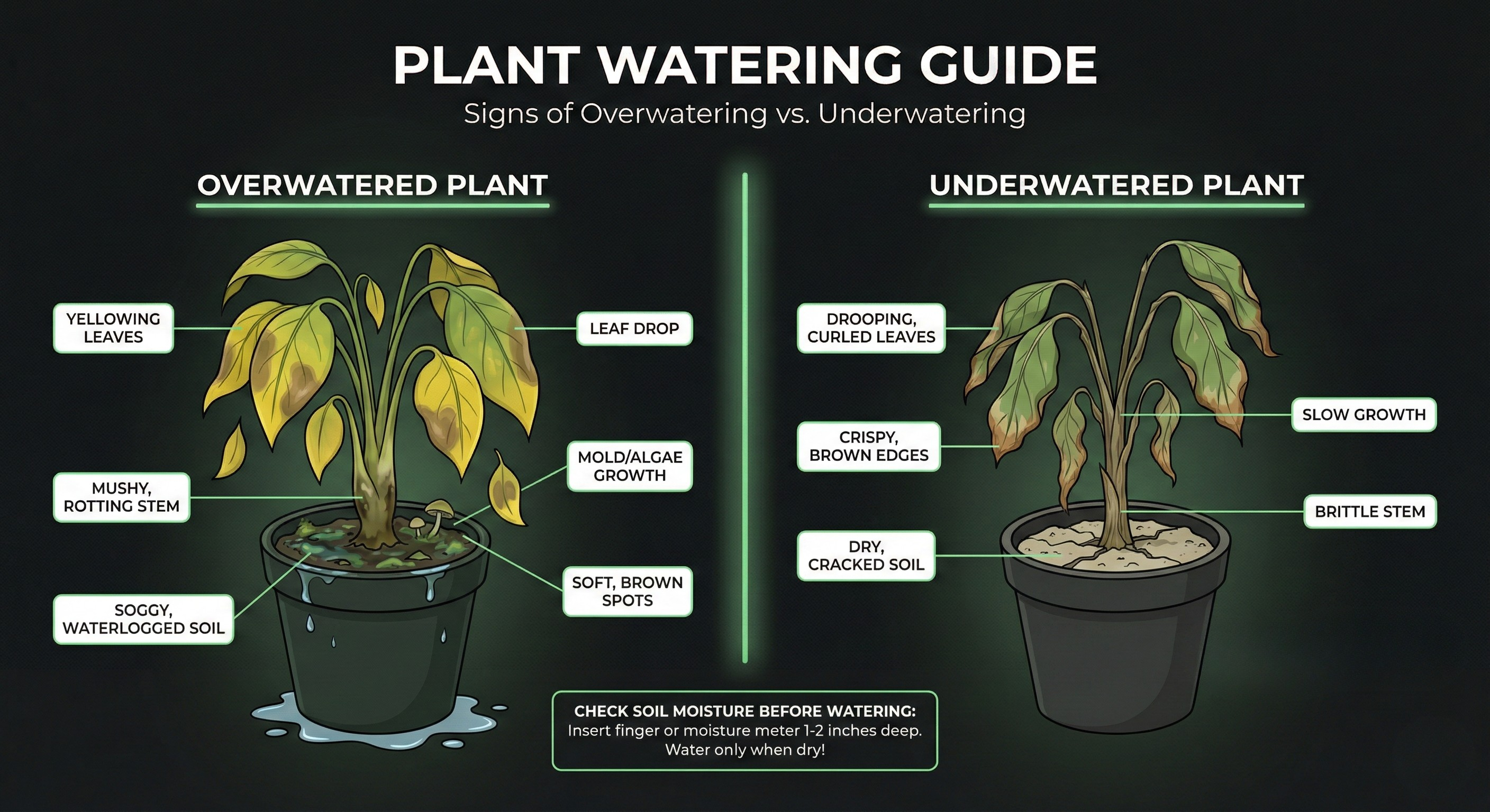Comparison of overwatered plant with yellow leaves vs underwatered plant with crispy brown edges