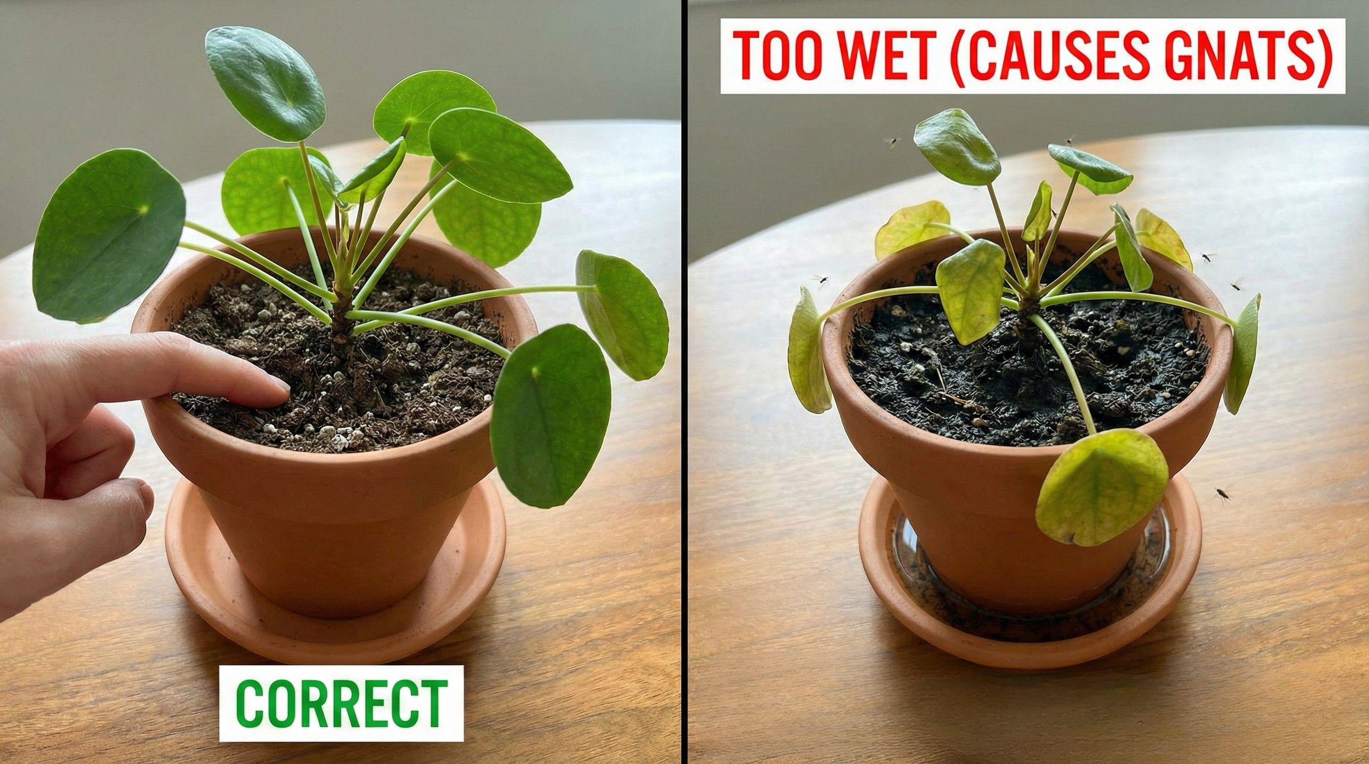 Watering schedule chart showing dry soil thresholds to prevent gnats