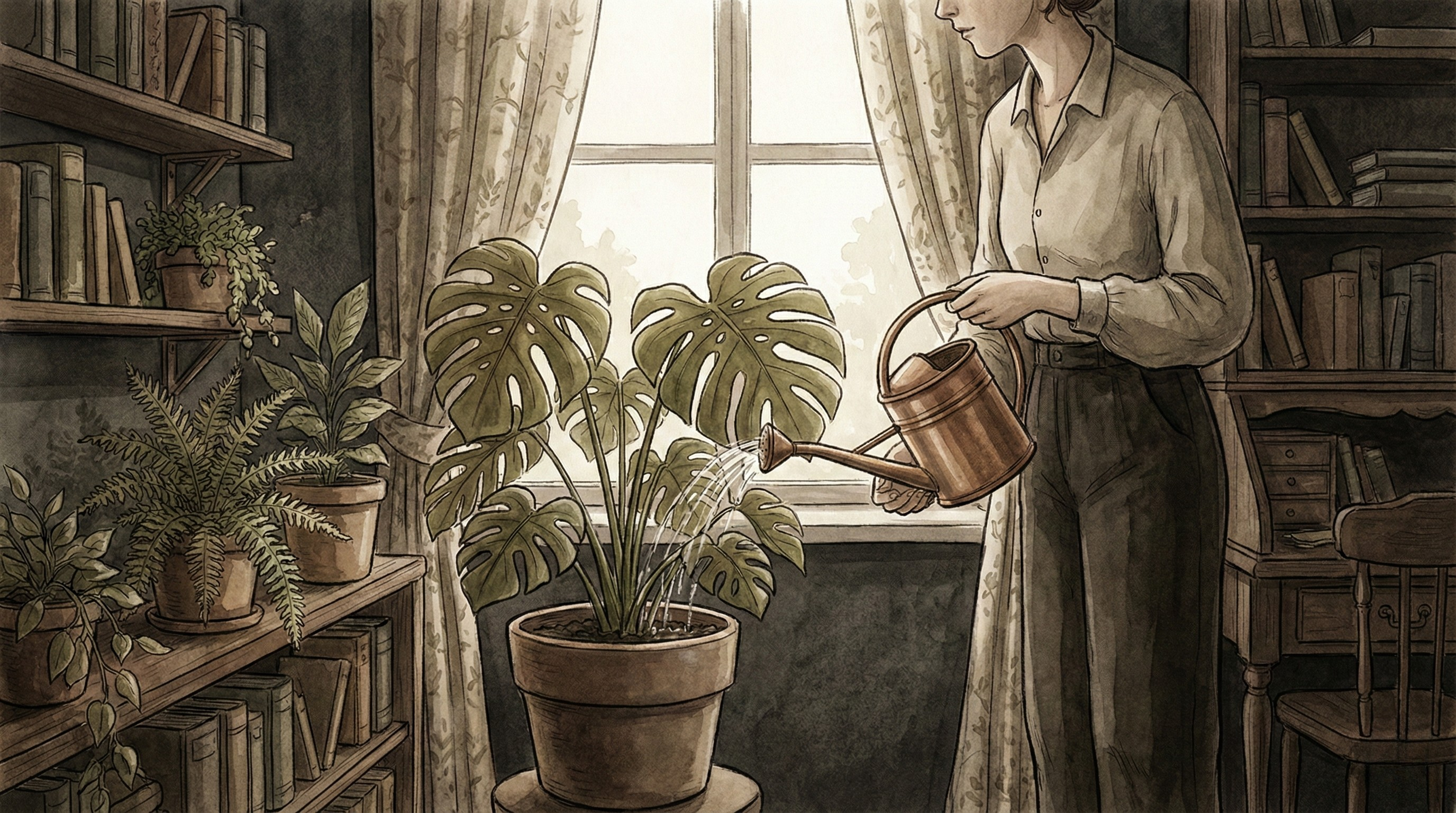 Person watering a monstera plant with a copper watering can