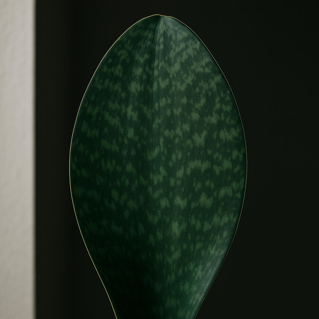 Whale Fin snake plant showing wide paddle-shaped leaves with distinctive pattern