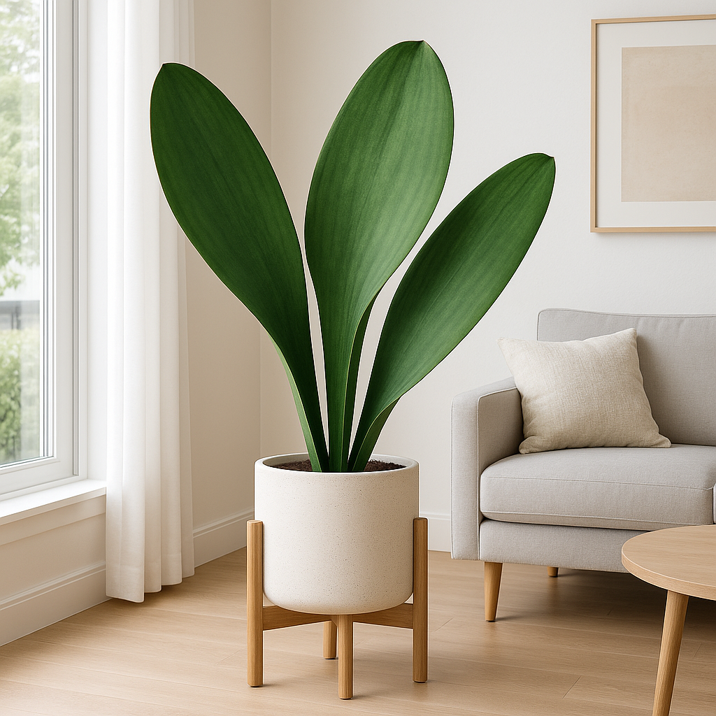 Whale Fin snake plant as a dramatic floor plant in a bright room