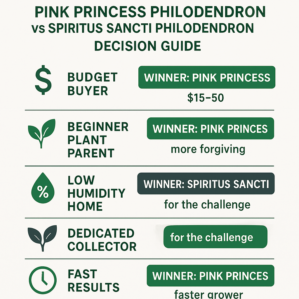 Decision guide showing which rare philodendron to buy based on budget, skill level, humidity, and patience