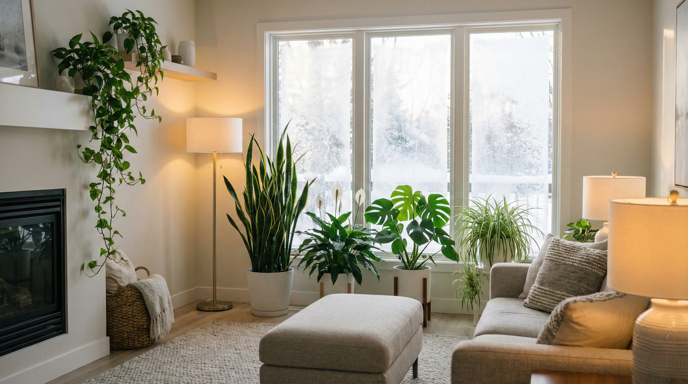 Cozy indoor scene with thriving houseplants near a frosty window in winter