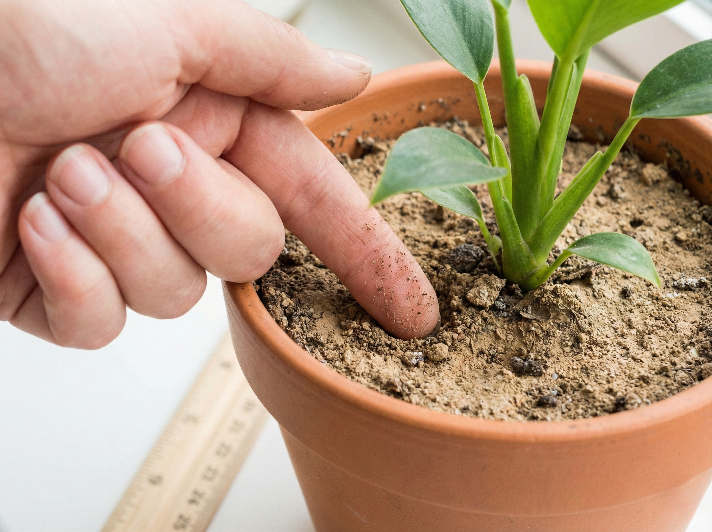 Finger test checking soil moisture in a houseplant pot during winter