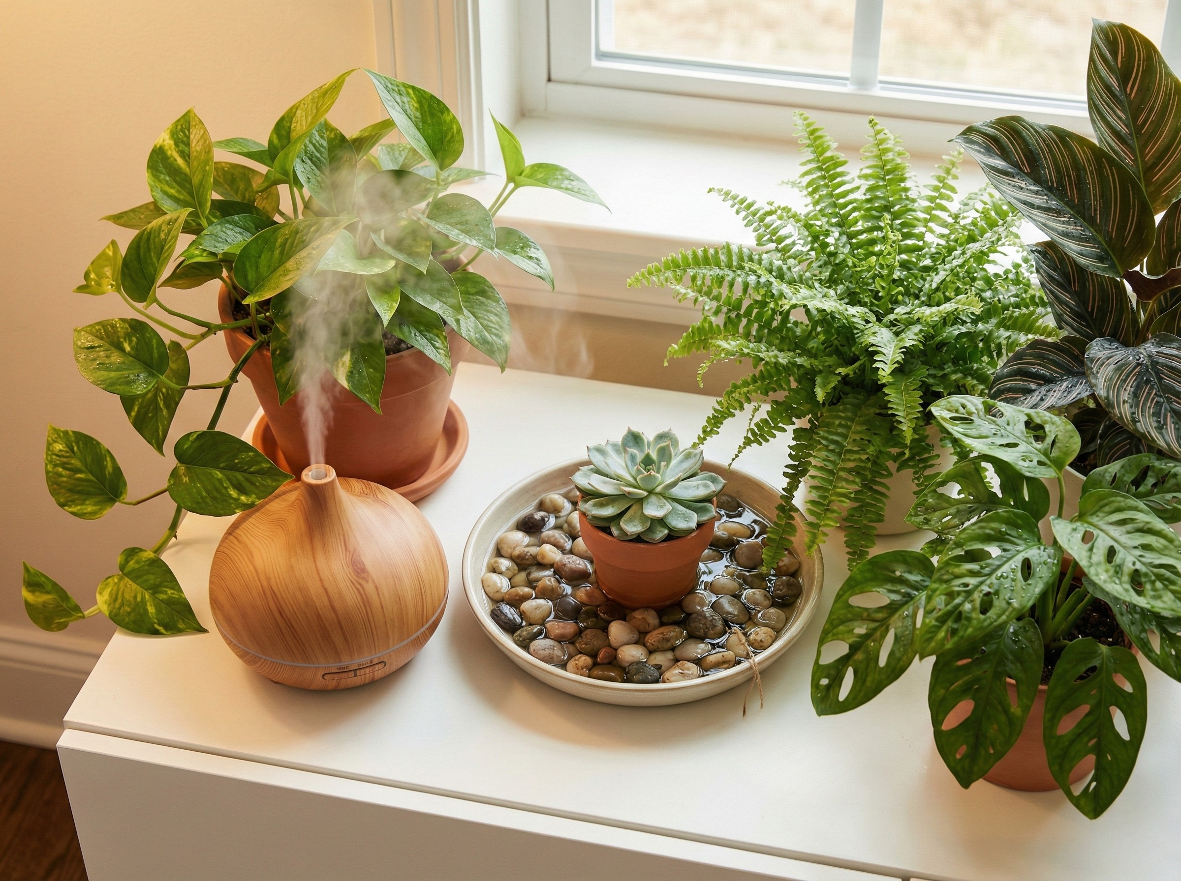 Humidifier and pebble trays set up near houseplants in winter