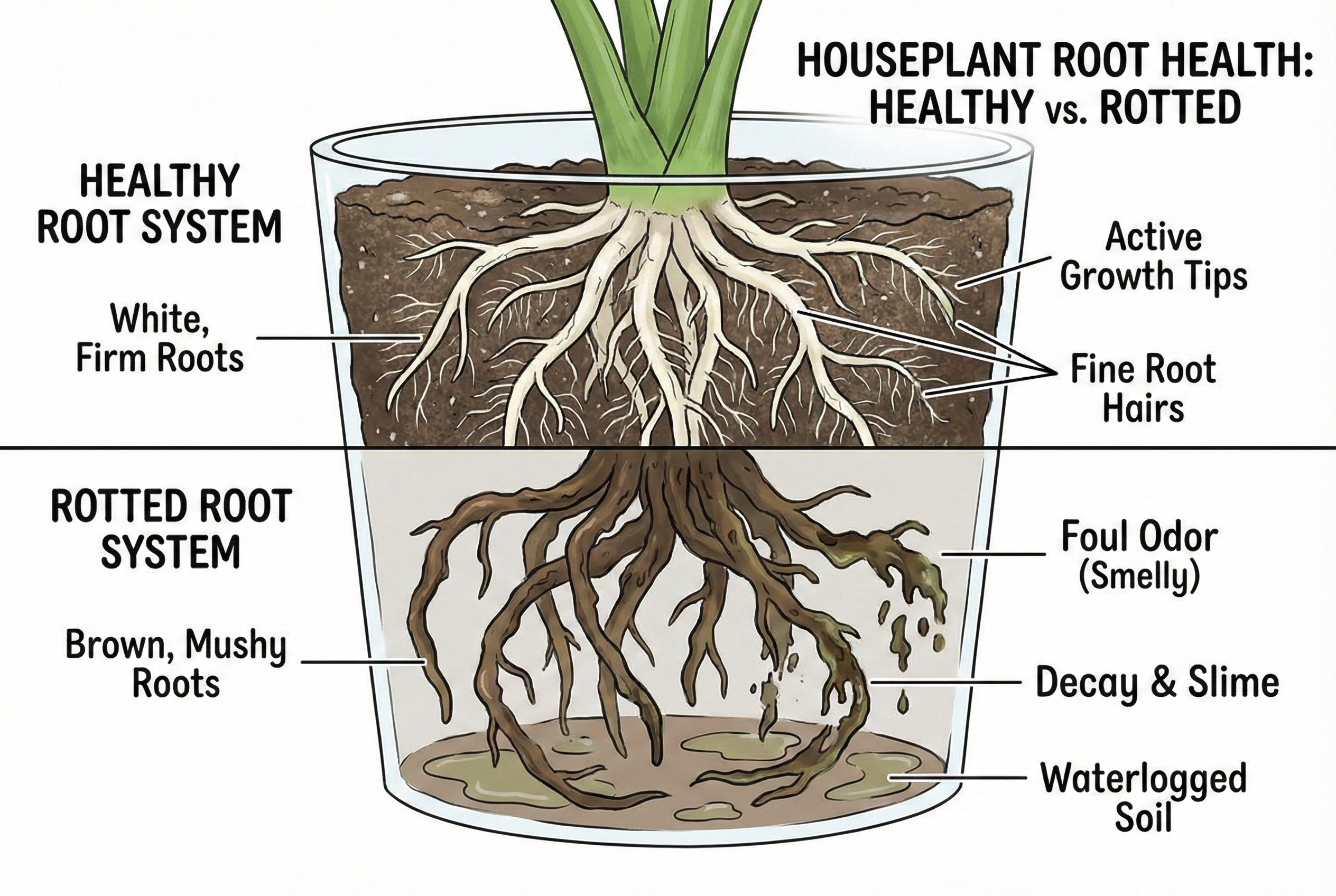 Healthy white roots vs cold-damaged brown roots in winter