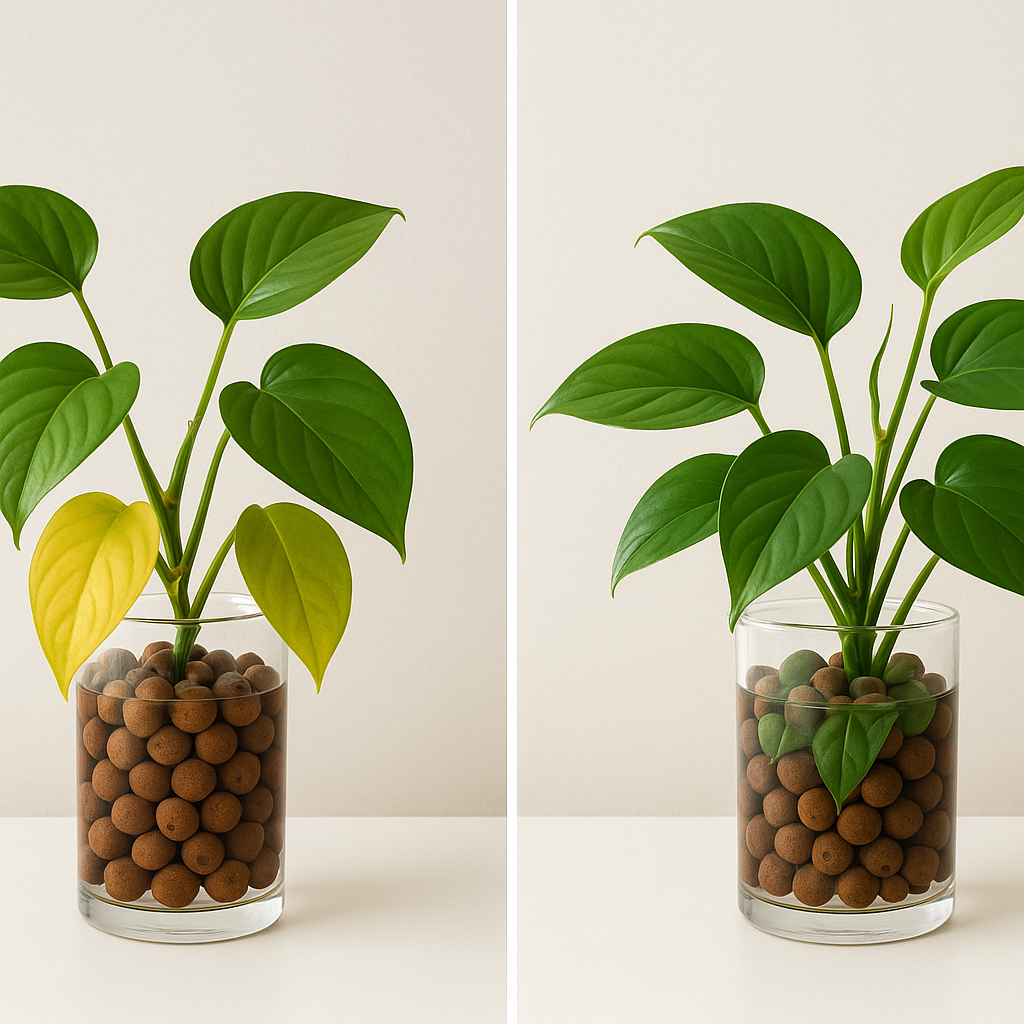 Yellowing lower leaf on a plant in LECA transition alongside a healthy plant recovering well — showing what's normal vs. what needs attention