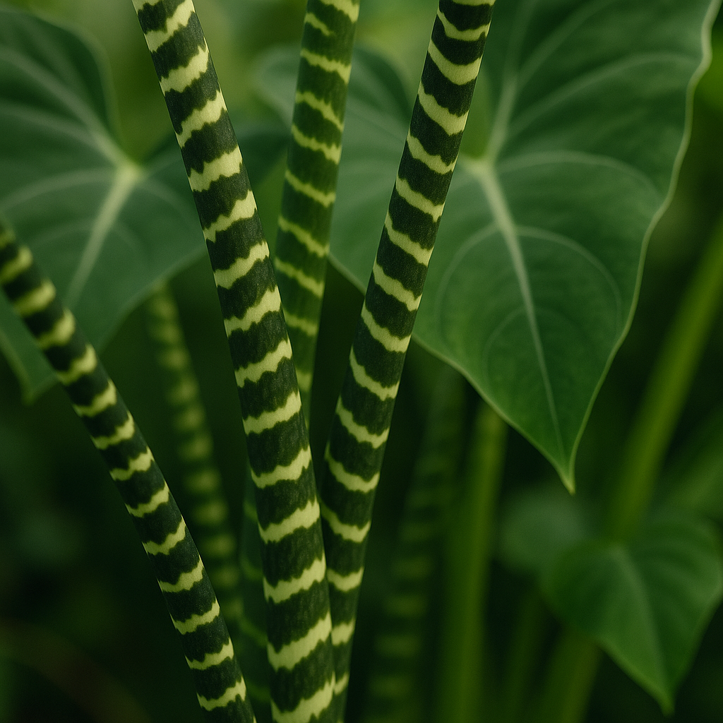 Alocasia Zebrina stems showing distinctive zebra stripe pattern