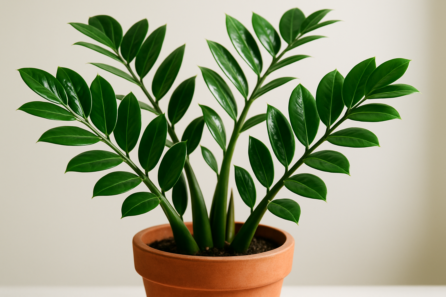 Mature ZZ plant (Zamioculcas zamiifolia) with glossy arching stems in a terracotta pot against a neutral background