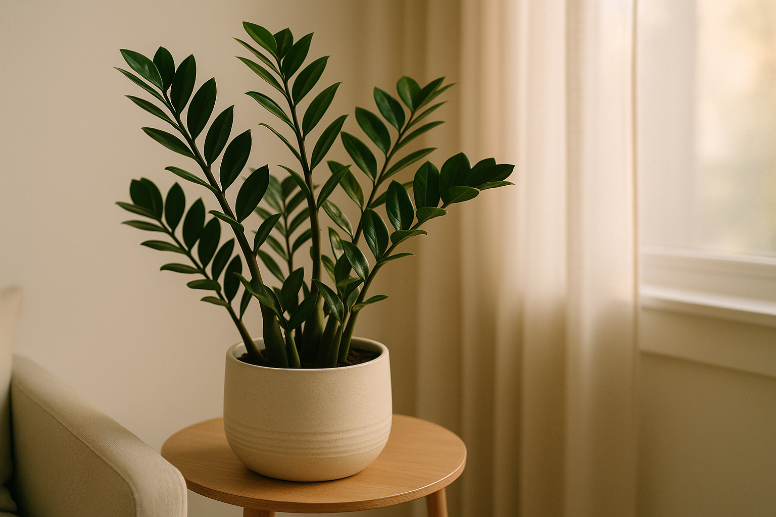 Mature ZZ plant in a modern ceramic planter on a side table next to a bright window with sheer curtains