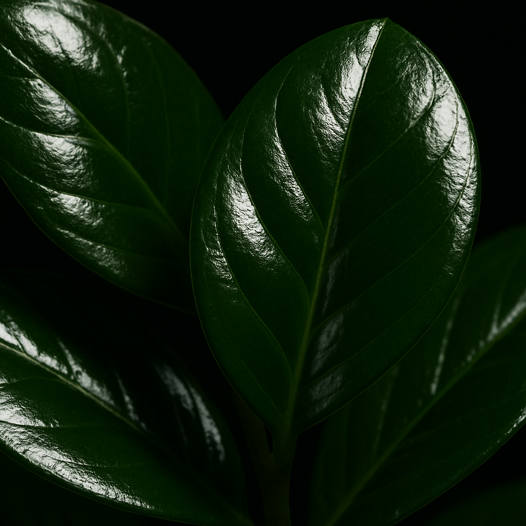 Close-up of ZZ plant leaflets showing the glossy waxy coating that seals in moisture