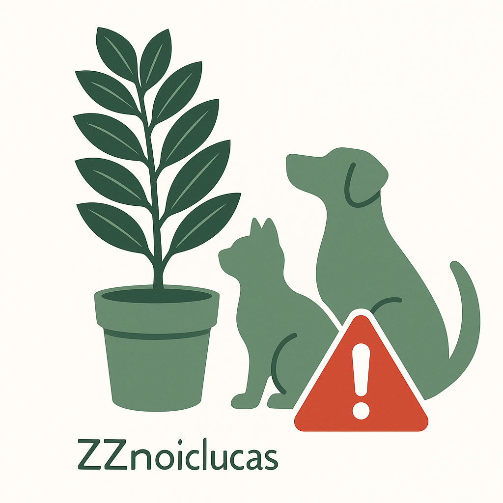 Warning graphic showing ZZ plant with pet safety icons — cat and dog silhouettes with a do not feed symbol