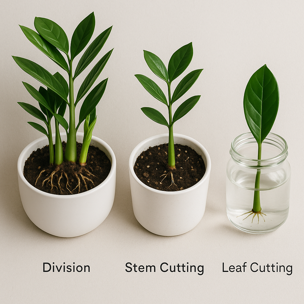 Three containers showing ZZ plant propagation methods: division with established plant, stem cutting in soil, and leaf cutting in water