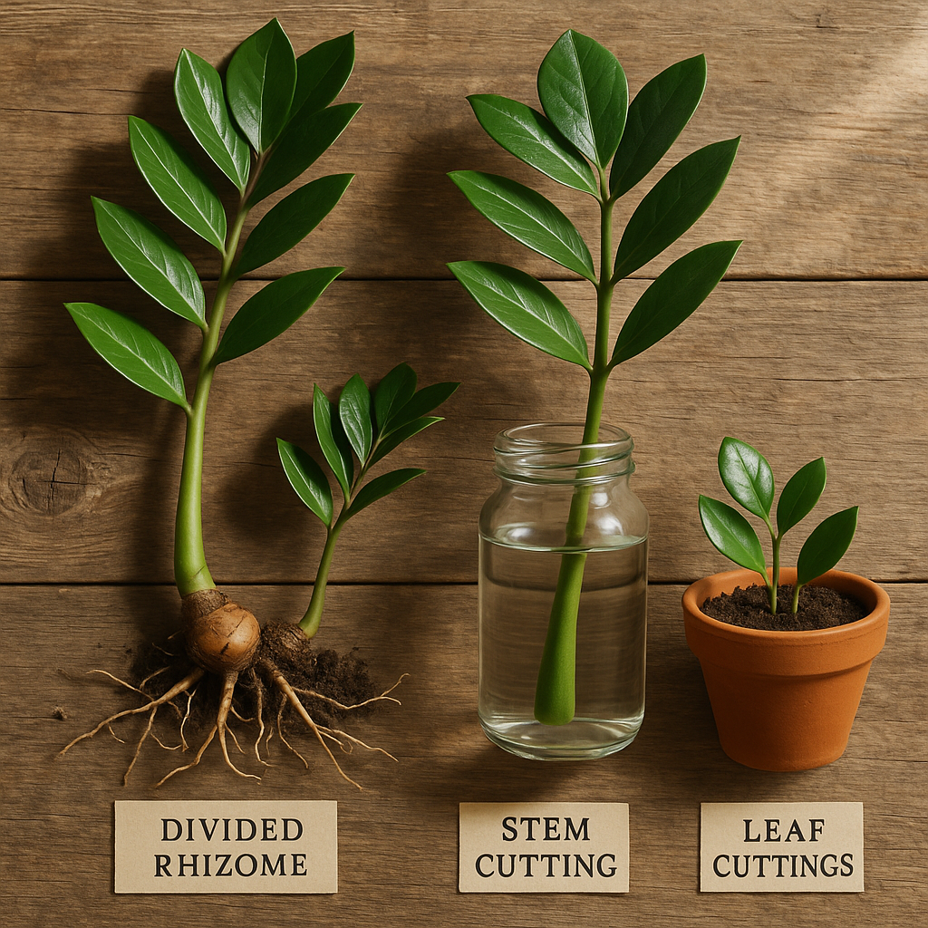 ZZ plant propagation in water and soil showing rhizome division, stem cutting, and leaf cutting methods