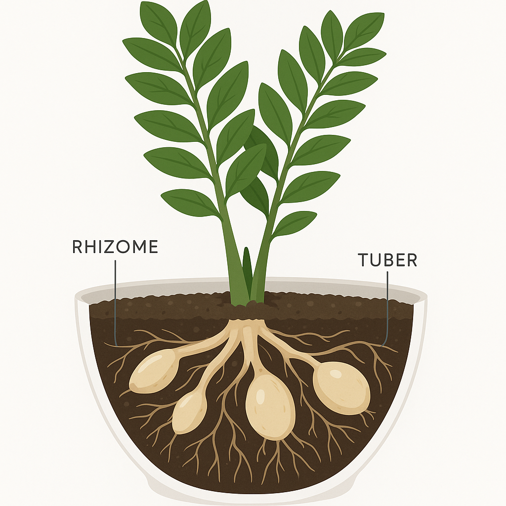 Diagram of ZZ plant rhizome and tuber root system showing water storage organs