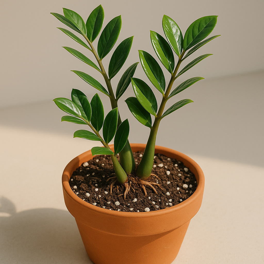 ZZ plant in a terra cotta pot with well-draining cactus and succulent soil mix, showing root-bound roots at the surface