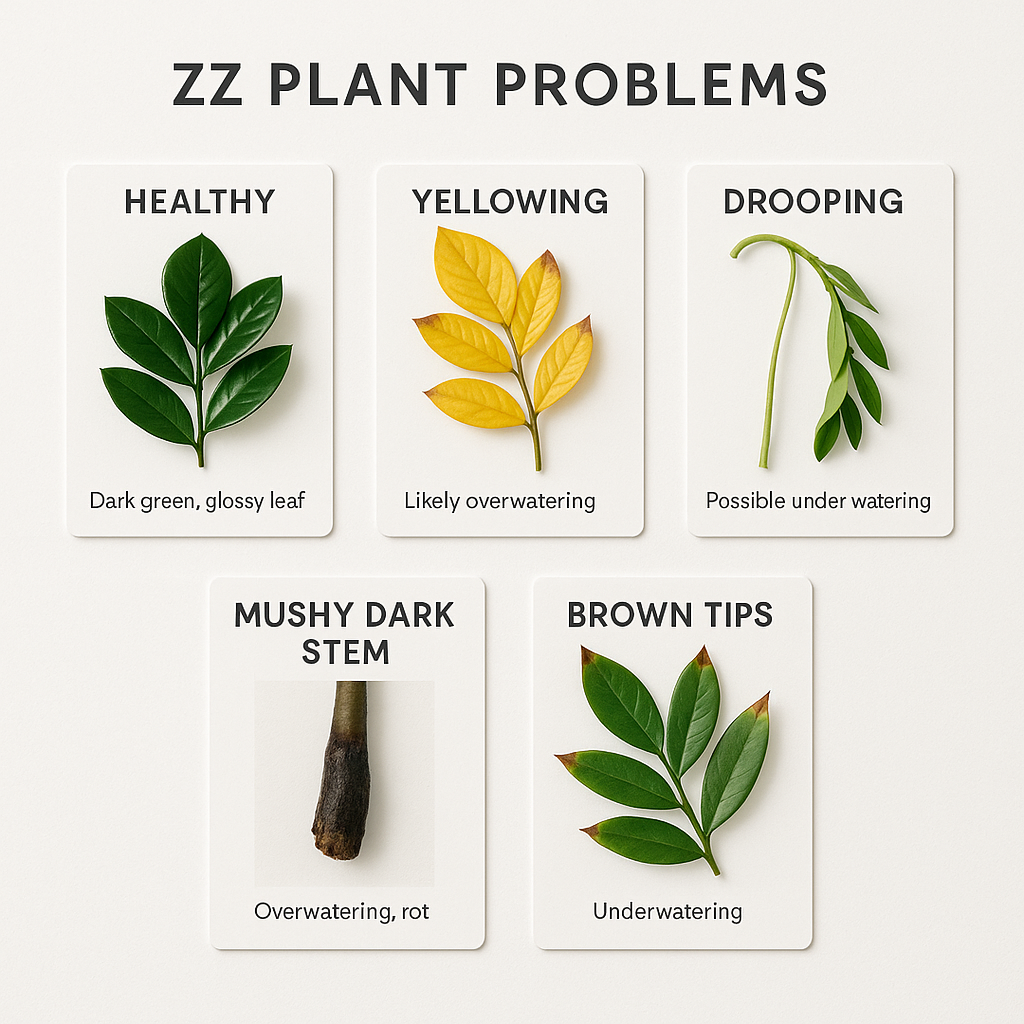 Photo comparison cards showing healthy ZZ plant leaf next to yellow leaf, brown tip, drooping stalk, and mushy stem