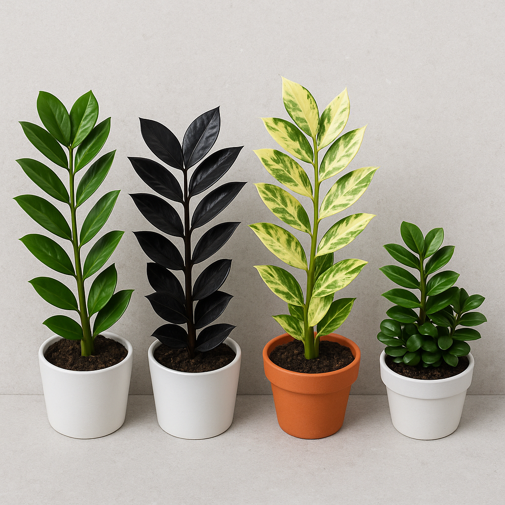 Side by side comparison of four ZZ plant varieties: classic green, Raven (dark purple-black), variegated, and Zenzi dwarf