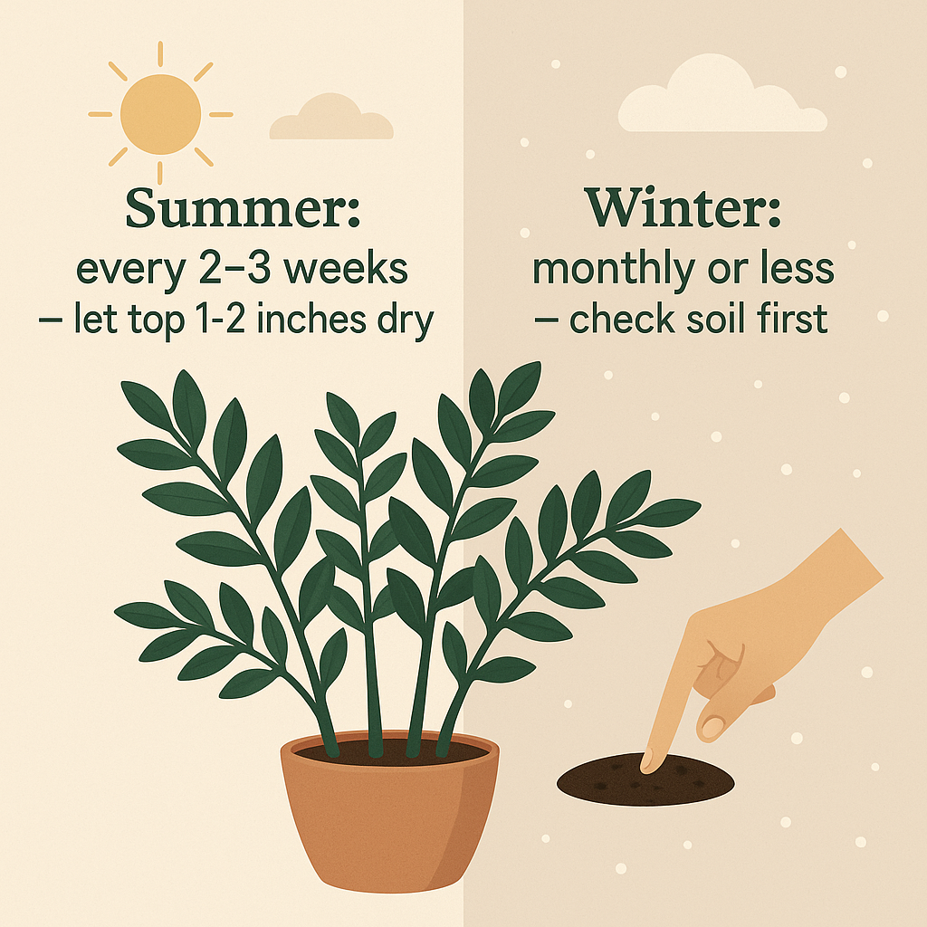 Seasonal watering schedule infographic for ZZ plants showing summer every 2-3 weeks, winter monthly, with sign-based cues