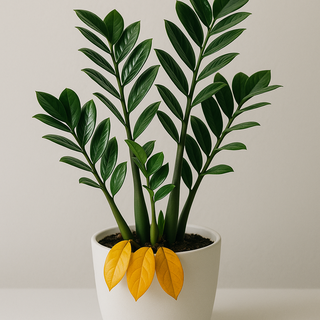ZZ plant with yellowing lower leaves indicating overwatering and possible root rot